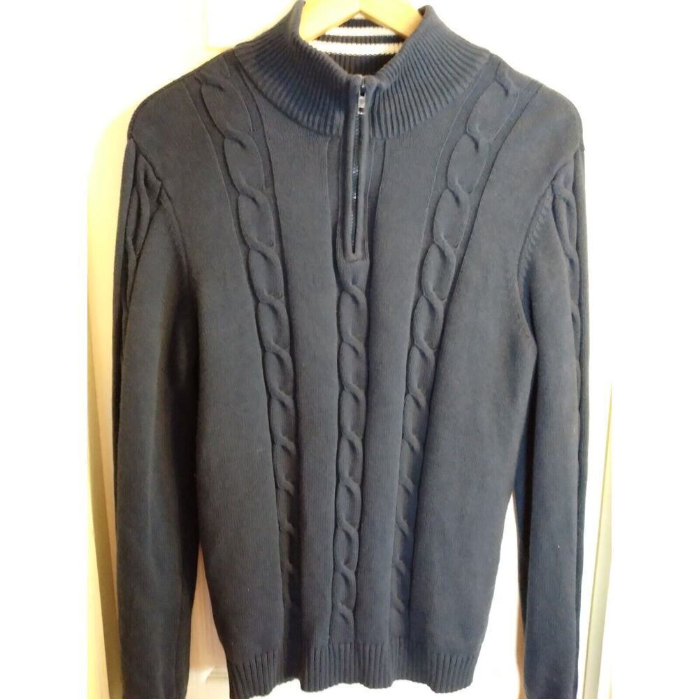 82 Zero Men's Cable Knit Pullover Sweater Blue 3/4 Zip Sz XL Cotton Preppy...